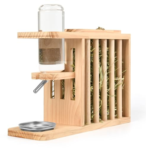 PESNLO Small Animals Hay Rack with Height-Adjustable Water Bottle.Natural Wood. Wooden Bunny Hay Holder Feeder for Rabbit, Guinea Pig, Hamster, Hedgehog, Chinchillas