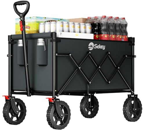 Sekey Bollerwagen Faltbar 120L 100KG 4029 Pro, Leichter Handwagen | Transportwagen klappbar Geländetauglich mit Bremse, Leichter Faltbollerwagen mit Verstellbare Zugstange, Dunkelgrau