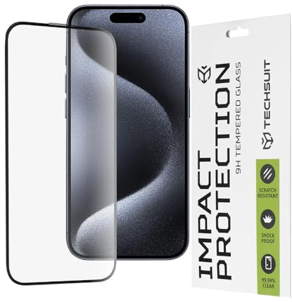 Techsuit Displayschutzfolie für iPhone 15 Pro Gehärtetes Glas mit 9H Härte, Vollständige Abdeckung, Stoßschutz, Oleophobe Beschichtung, Anti Fingerabdruck, Blasenfrei, 111D Full Glue