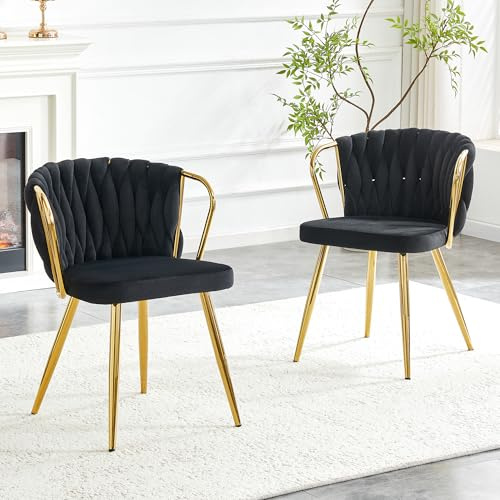 Chaise de Salle à Manger en Velours, Design Moderne, Noir et Or, Lot de 2