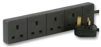 Cable-Core 2m Black 4 Gang Power Strip Extension Cord Mains Plug