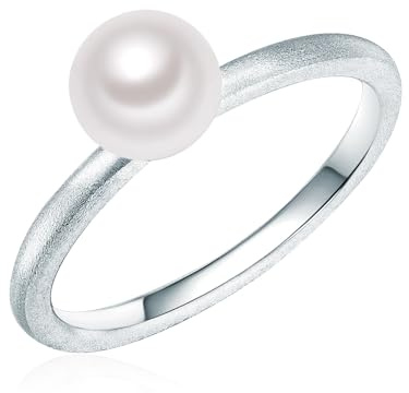 Valero Pearls Damen Ring 925/- Sterling Silber | rhodiniert, Perlenring, Süßwasser-Zuchtperle, ca. 5,0 - 6,0 mm, weiß, button