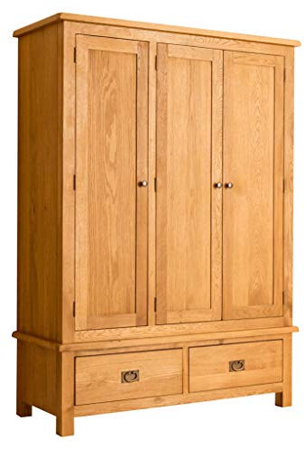 RoselandFurniture Lanner Oak Large Triple Wardrobe with Drawers | Traditional Rustic Waxed Solid Wood 3 Door Wardrobe Storage Unit for Bedroom with Hanging Rail
