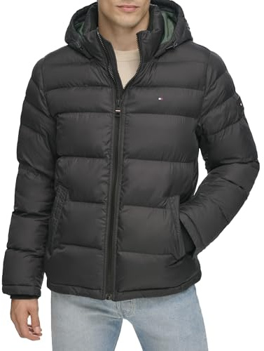 Tommy Hilfiger Men's Classic Hooded Puffer Jacket (Regular and Big & Tall Sizes) Down Outerwear Coat, Black, US Large