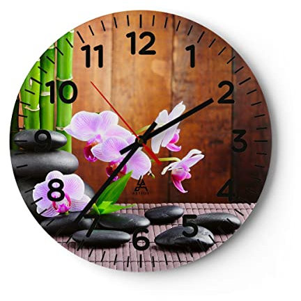 Modern Wanduhr Bambus Dekoration Blume Orchidee 30x30cm Rund Klein Wand Uhr Glas Analog Zimmeruhren Küche Büro Wohnzimmer Glasuhr Wall Clock Dekoration Design Wanddekoration Küchenuhr C4AR30x30-2167