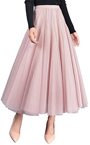 FEOYA Damen Langer Tüllrock A Linie Großer Saum Rock Elegante Plissee Maxirock