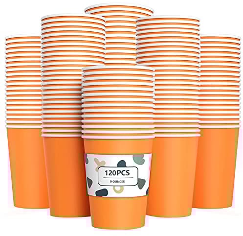 YANGTE 120Pcs Orange Paper Cups 9oz Disposable Party Cups Biodegradable and Compostable Drinking Cups for Birthday Party, DIY, BBQ - 250ml