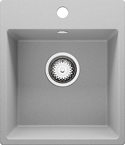 PRIMAGRAN Fregadero Cocina Gris 38x44cm, Granito 1 Seno + Sifón, Sobre encimera al mueble 40cm - Riga Easy