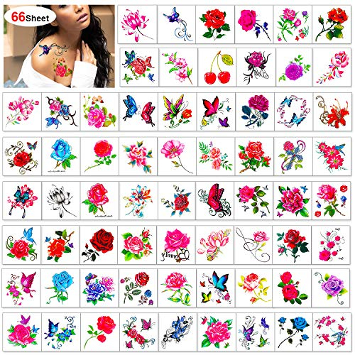 Konsait 66 Blatt Blumen Temporäre Tattoos für Frauen, Blumen Schmetterling Temporäre Tätowierung Aufkleber für Frauen Mädchen Boby Art, Wasserdichte Tattoos Aufkleber für Arm Hand Hals Hals Handgelenk