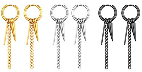 JewelryWe Schmuck 3 Paare Creolen mit Spike, Kreuz, Lange Kette Edelstahl Ohrringe Ohrrhänger Klapp-Creolen Ohrstecker für Herren Damen Silber/Gold/Schwarz, verschiedene Designs