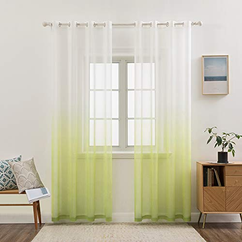 MIULEE Gardinen Transparent Vorhänge Farbverlauf Voile Sheer 2er Set Vorhang mit Ösen Dekoschal Fensterschal für Schlafzimmer und Wohnzimmer 215 cm x 140 cm(H x B) Weiß Grün