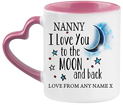 Personalised Nanny I Love You to The Moon & Back Coffee Tea Cocoa Soup Daily use Mug Valentine's Day Birthday Party gage Keepsake Unique Ceramic Cup Mug. (Pink Heart Handle)