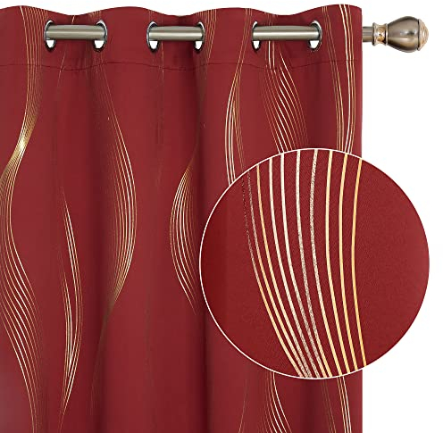 Deconovo Gardinen mit Ösen Thermo gegen Kälte Thermogardine Hitzeschutz Dicke Kälteschutz, Fenstervorhang mit Muster, Verdunkelungsvorhang für Wohnzimmer, 138x117 cm(HöhexBreite), Rot, 2er Set
