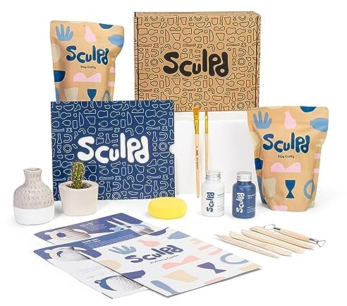 Sculpd Pottery Starter Kit – Komplettes lufttrockenes Ton-Einsteigerset für 2 Erwachsene: Enthält Bildhauerwerkzeuge, Mattlack, Pinsel, Anleitung, Video-Tutorials und mehr