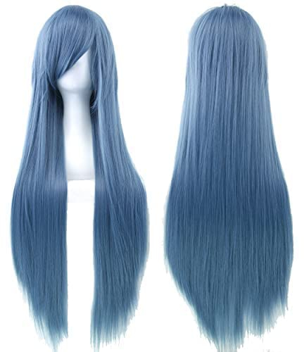 IMISSU 80 cm langes glattes Naturhaar Cosplay Perücken mit Pony Bunt Halloween Kostüm Party Perücke Haarverlängerungen (Navy blau)