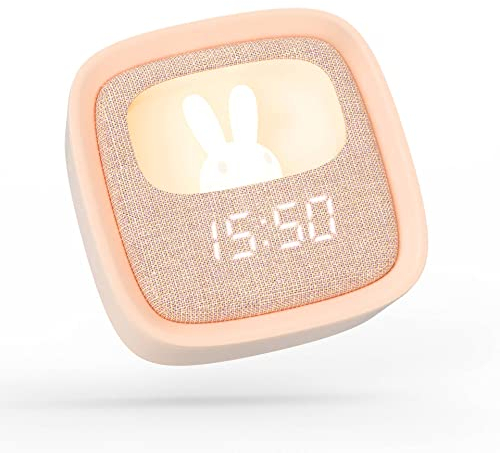 MOB – MOBILITY ON BOARD Réveil et Veilleuse pour Enfant Billy Clock - Motif Lapin - Face Avant Tissu - Cadre Plastique Soft-Touch - Programmation de la Date, de l'Heure et de 3 Alarmes (Rose)