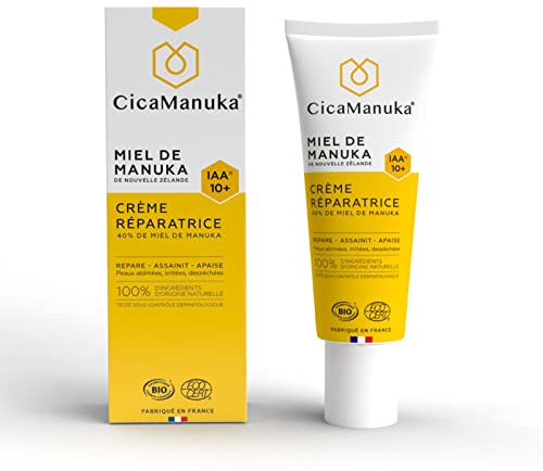 CICAMANUKA - Crème réparatrice au miel de Manuka IAA10+ - Favorise la réparation des peaux abîmées et asséchées - Certifiée Bio - 40ml