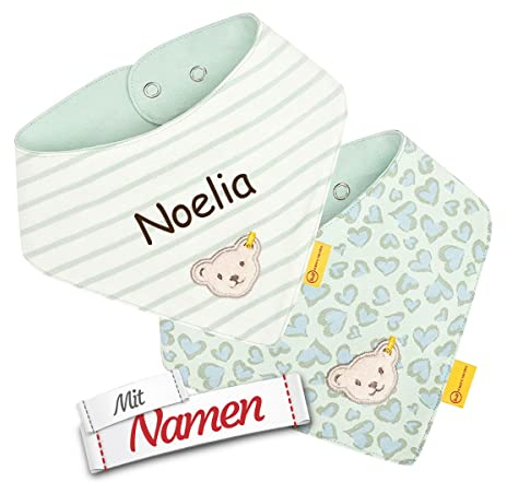 Steiff Baby Halstuch mit Namen bestickt personalisiert, Mädchen Dreieckstuch/Nickytuch Accessoire, Teddy Bär Harbour Gray (2er Pack)