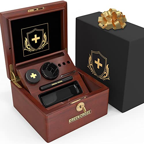 GREEN CROSS Premium Wooden Storage Box Decorative Lock Box with Key Removable Ceramic Rolling Tray with Accessories for Gift, Home and Organization