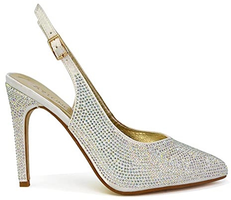 Womens Bridal Shoes Satin Diamante Ladies Slingback Party Point Toe Court Shoes Size 3-8