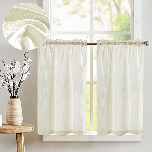 Vangao Waffel Scheibengardinen Bistrogardine Privatsphäre Küche Einfarbig Lichtfilterung Fenstervorhang für Cafè Kurzfenster kleine Fenster Landhaus 90x90cm(BxH),2er Set Beige