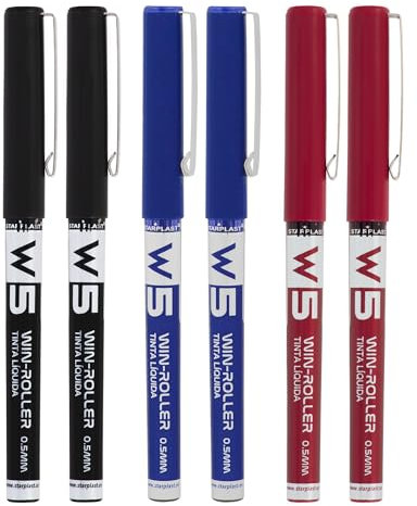 Starplast 6 BOLÍGRAFOS W5 TINTA LÍQUIDA Pigmento profesional, larga duración, punta fina 0.5mm para escribir - AZUL - NEGRO - ROJO
