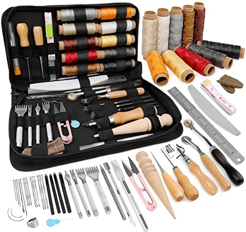 TLKKUE Lederbearbeitungswerkzeug-Set, Lederhandwerkswerkzeuge und Zubehör für Anfänger, Ledernähen, Polsterreparatur-Set mit gewachstem Faden, Ahle, Nadelstanzer, Tracing Wheel Groover