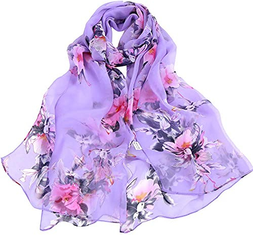 Damen Schal Chiffon - Floral Print Blumenmuster Sommer Scarves Bunt Stola Halstuch Tuch Seidenschal Scarf
