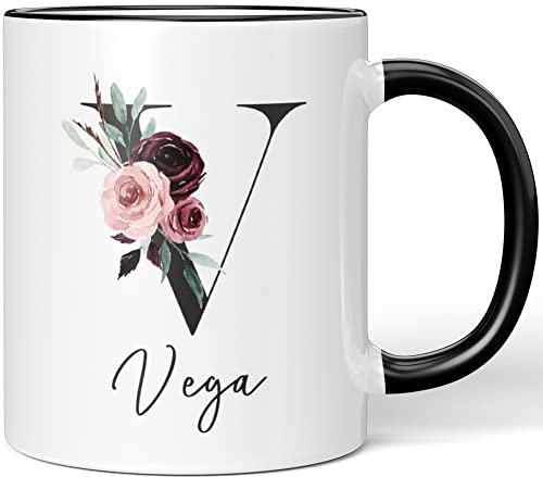 JUNIWORDS Tasse, Vega, Name Anfangsbuchstabe Initial Alphabet Floral Buchstabe V Monogramm Motiv, Schwarz (5608346)
