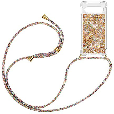 YAMCCCSE Handykette Hülle für Google Pixel 7a - Quicksand Glitzer Hülle mit Band - Silikon Handyhülle mit Kordel Umhängenband - Schnur mit Treibsand Case zum Umhängen, Golden