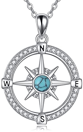 VONALA Compass Necklace 925 Sterling Silver Compass Pendant Drop Necklace with Turquoise Inspirational Graduation Jewellery gift for Women Wife Grils