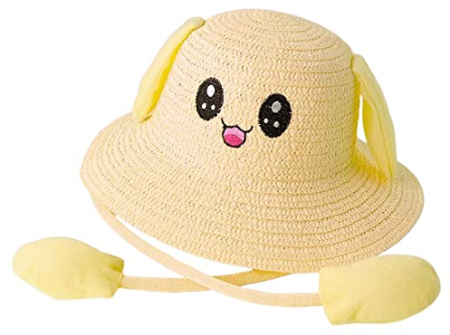 Amagogo Häschen-Strohhut-Kappen, Sonnenhut, faltbar, mit beweglichen Ohren, Strandhüte, tragbar, Fischerkappen, großer Traufhut für Frühling, kurze, GELB