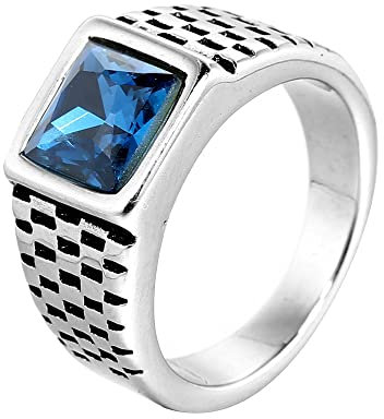 HIJONES Herren Edelstahl Blau Stein Ring Quadratisch Edelstein Pinky Finger Ringe mit Kristall Statement Schmuck Silber Größe 68