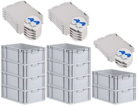 PROREGAL SuperSparSet 10x Eurobox NextGen Grip mit Scharnierdeckel und blauen Schiebeschnappverschlüssen, HxBxT 22x40x60cm, 44 L, Grau, Griffe geschlossen, Eurobehälter, Transportbox