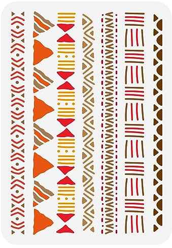 FINGERINSPIRE Mudcloth Elements Pattern Stencil 21x29.7cm Tribal Borders Drawing Template African Boho Floral Frame Stencils for Painting on Wood Wall Fabric Paper Furniture