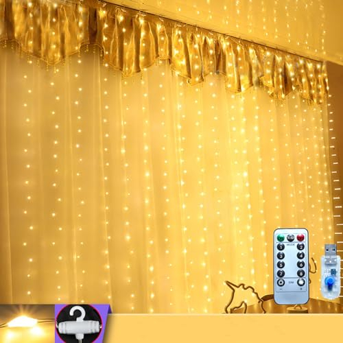 Curtain Fairy Lights, 3m x 3m 300 LED USB Operated String Light Indoor Outdoor 8 Modes Curtain Lights Waterproof Hanging Window Lights with Hooks for Christmas, Wedding, Party,Wall, Home Decorations