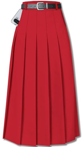 SANGTREE Damen Mädchen A-Linie Lang Plissee Hohe Taille Mode Rock Schuluniform Cosplay, Lange # rote Tasche, 3X-Groß
