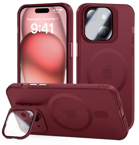 tigratigro Coque avec béquille compatible avec iPhone 15, protection appareil photo H9 verre trempé, coque arrière givrée translucide, anti-empreintes digitales, sensation de velours (rouge foncé)