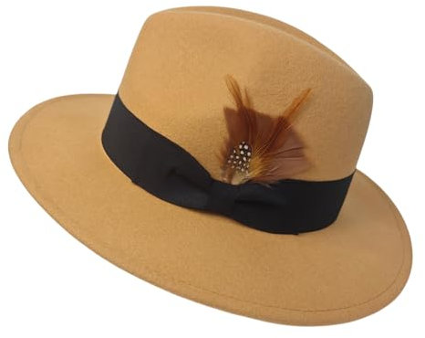 HEYANN Fedora Hut für Herren Damen, Khaki Wollfilz Herrenhut mit Breiter Krempe Fedora Hut Derby Cap Jazz Gentleman Hut Trilby Caps Panama Hut Jazz Hüte (M/L, Khaki)