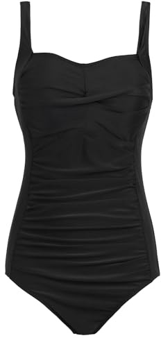Aidotop Womens One Piece Swimsuit Tummy Control Swimwear with Retro Ruched Monokini Bathing Suits(8Black,XL)