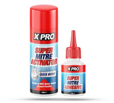 XPRO Super Mitre Bonding Kit - 50g Glue Adhesive & 200ml Activator - Bonds to MDF, Wood, Rubber & most Plastics - Quick Bond