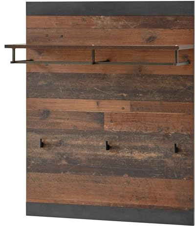 Garderobenpaneel in Old Used Wood Shabby Design mit grau Matera Flur Diel Wandgarderobe mit Haken und Kleiderstange 80 x 100 cm Ward