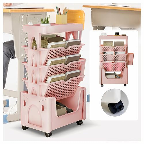 GaRcan Bücherregal mit 5 Ebenen, Bücherregal, rollendes Bücherregal, mobiles Bücherregal mit Rollen für Büro, Wohnheim, Klassenzimmer, Pink (Pink)