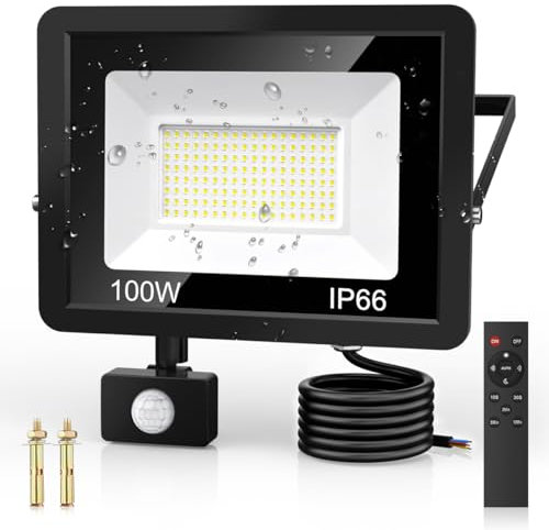 VIIIVA 100W Projecteur Exterieur Detecteur de Mouvement, 6500K Blanc Froid 144 Leds Super Lumineux Spot Avec Télécommande, 9000 LM IP66 Etanche Eclairage Exterieur pour Jardin, Patio, Garage