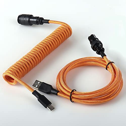 PAKJEL Coiled Cable with Detachable Aviator Connector Double Sleeved Cable for Custom Gaming Mechanical Keyboard(Black Plug Orange)
