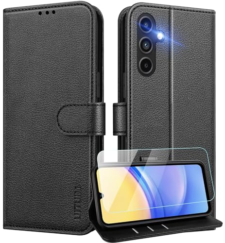 UITUIM Handyhülle für Samsung Galaxy A15 4G/5G Klapphülle Leder Hülle mit Glas Schutzfolie Flip Case Cover Klappbar Kartenfach Etui Schutzhülle Handytasche für Samsung Galaxy A15 4G/5G,Schwarz