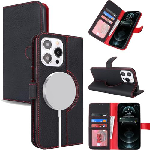 Zouzt Genuine Leather Wallet case for iPhone 13 Pro Max 6.7 Inch, Compatible with MagSafe Real Leather Flip Folio Book Protective Phone Cover Women Men for iPhone 13 Pro Max - Black Lychee Pattern