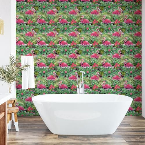 Ambesonne Tropical Peel & Stick Wallpaper for Home, Watercolor Style Exotic Leaves Flamingos Hibiscus Flowers Floral, Self-Adhesive Living Room Kitchen Accent, 33 cm x 90 cm, Dark Coral Peacock Green