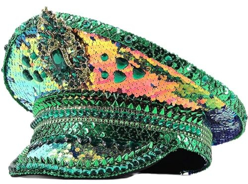 Wudaizhi Pailletten Sergeant Hut Strass Militär Hut Burning Green Cap Nachtclub Hut Festival Party Hut Für