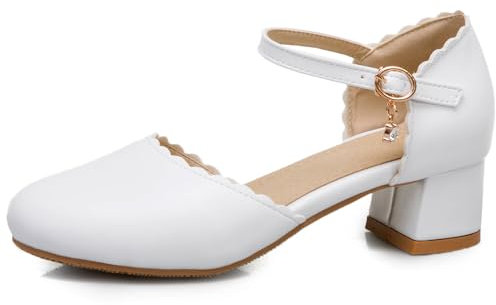 OALEEN Chaussures Sandales Femme Fille Eté Petit Talon Carré Bride Cheville Bout Rond Fermé Escarpins Soirée Mariage Blanche 38
